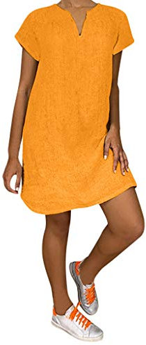 AMDOLE Ciao Damen Mode Lose Freizeit V-Ausschnitt Kurzarm Sommerkleider Blumenkleid, Orange, XL
