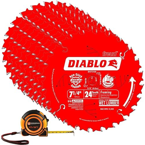 D0724A 7 1/4 24 Tooth Framing Saw Blade, Circular Saw Blade, 10 Pack, Wholesalehome Tape Measure Included