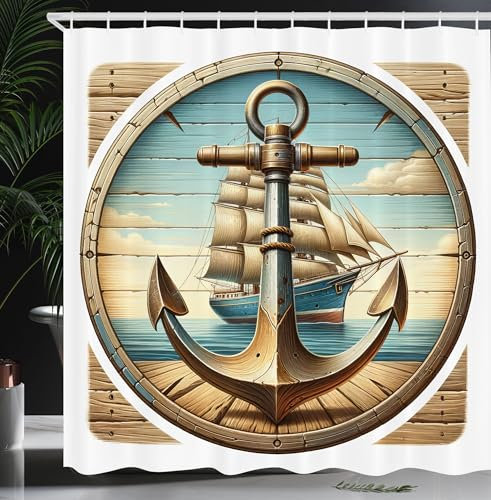 ABAKUHAUS Nautisch Duschvorhang, Retro rustikaler Anker und großes Schiff mit Vintage maritimen Inspirationen, Stoffliches Gewebe mit Haken, 175 x 200 cm, Blasses Braun Hellblau