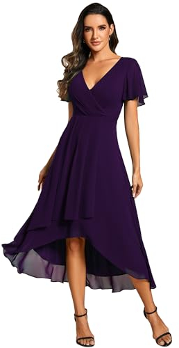 Ever-Pretty EG02084-P Robe d'invité de Mariage, col en V, Manches à Volants, en Mousseline de Soie, Longueur Genoux, Robe de soirée, Violet foncé, 42