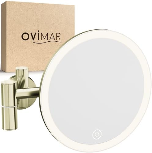 ovimar Kosmetikspiegel Blavand Gold | mit Beleuchtung | wiederaufladbar | Wandmontage zum Bohren | im Badezimmer |5fach Vergrößerungsspiegel | Schminkspiegel mit Licht | 360 Grad Spiegel