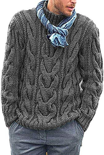 Runcati Knitted Mens Jumper Cable Knit Sweater Long Sleeve Ribbed High Neck Winter Pullover Thick Knitwear, Grey, XL