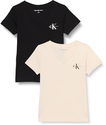 Calvin Klein Camisetas de Manga Corta Pack de 2 Mujer Monolog Cuello de Pico, Multicolor (Moonbeam/CK Black), XS
