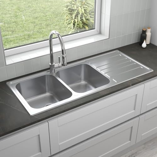 SÄUBER® 1160 x 500mm Stainless Steel Kitchen Sink 2.0 Double Bowl Inset Drop in Installation, Right Hand Drainer, 18/8 Grade Steel Sinks, Free Basket Strainer Waste