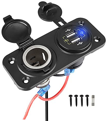 HTTYHT Dual USB Car Charger Socket Panel with 12V/24V Cigarette Lighter Socket - Quick Charge 3.0 USB Charger Car Power Outlet Waterproof Cigarette Lighter Adapter for Boat Truck RV