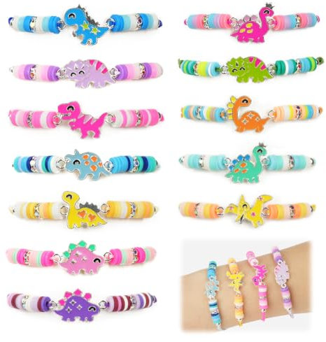 AUAUY 12 Stück Freundschaftsarmband Kinder, Einstellbare Geflochten Armbänder, Bunte Tonperlen Perlen Armbänder Set Kinderschmuck Als Geschenk für Mädchen Kinder Mitgebsel Geburtstag Party-Dinosaurier