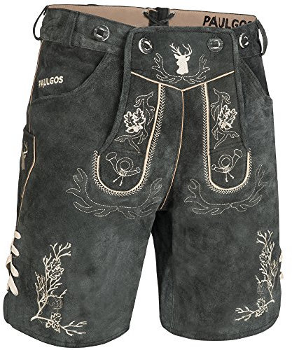 PAULGOS Herren Trachten Lederhose HK3 + Träger, Echtes Leder, Größe 44, Grau