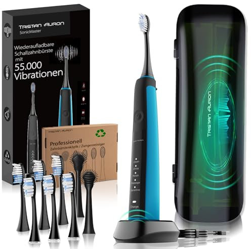 Tristan Auron Schallzahnbürste - 55.000 VPM - 5 Putzmodi - 60 Tage Akku, Reiseetui mit UV Reinigung, 6 Bürstenköpfe und 2 Zungenreiniger - elektrische Zahnbürste Sonic Master (blau)