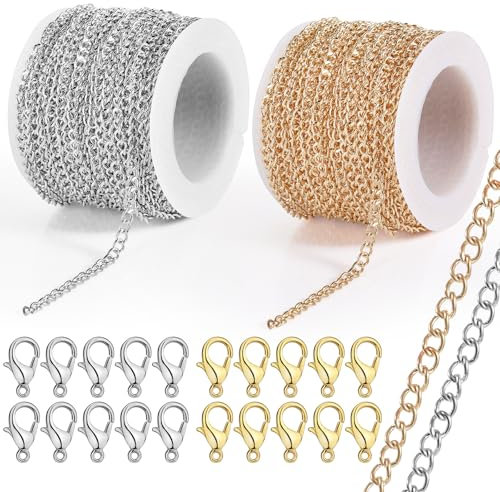 2 StüCk 10 M Gliederkette Meterware, Gliederkette EnthäLt 20 KarabinerverschlüSse, Ketten Basteln, Nicht Leicht Zu Verblassen, Chain FüR Schmuck DIY (Gold Und Silber)