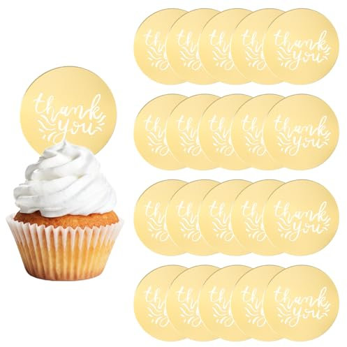 URROMA 20 PCS Acrylic Cupcake Toppers - Round Thank You Cake Discs Mirror Cake Picks Engraved Personalized Cake Topper Charm (style7, 20pcs)