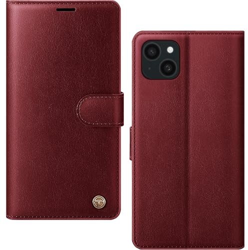 AIMOYU for iPhone 13 Case, Flip Wallet Leather Phone Case with [4 Card Slots] [Kickstand] [RFID Blocking] Magnetic Protective Shockproof Cover for iPhone 13 Phone Case - Wine Red