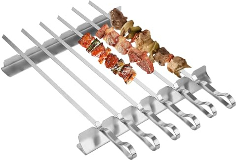 Barbecue Sticks Set, 6-Piece BBQ Forks 42cm, Flat Metal Grill Skewers 8mm, Reusable Kebab Skewers BBQ Tool, 2 Rack Included - Stainless Steel Outdoor Living Skewer Kit
