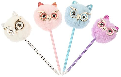 SHOWERORO 4pcs Adorable Owl Writing Pens Fluffy Gel Ink Household Sign Pens Student Creative Stationery Set