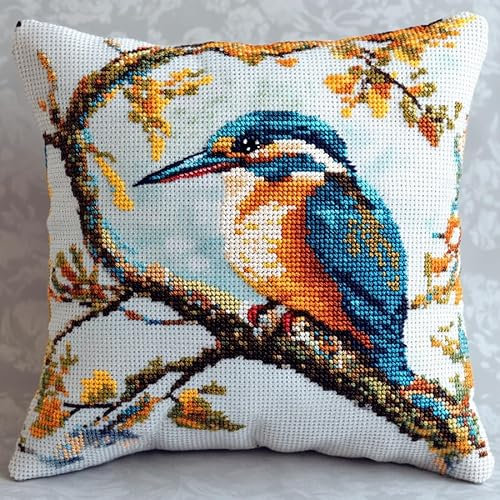 WallustrioaW Tier Kreuzstichkissen,Eisvogel auf dem Ast,Stickbild vorgezeichnet Kreuzstichpackung Kissen,11CT Sticken Set,Bastelsets Handstickerei-DIY,45x45cm