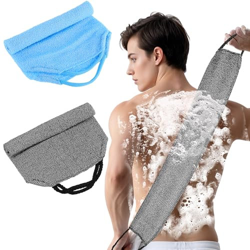 Ptwola 2 Pack Exfoliating Back Scrubber with Handles Two Sides Nylon Bath Extended Length Washers Scrubbers Stretchable Pull Strap Shower Washcloth for Body Deep Cleans Dead Skin Massages Men Women