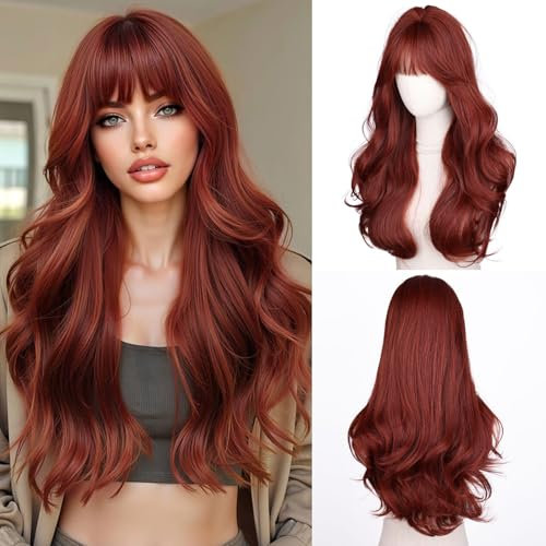 Fulang Hair Auburn Lange Gewellte Perücke für Frauen mit Vorhang Pony, Lange Lockige Hitzebeständige Faser Synthetische Perücke Ombre Perücken, peruka damen natürlich haare für den täglichen