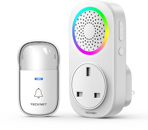 TECKNET Sonnette sans Fil, 300M Sonnette RGB de Porte sans Fil Auto-alimentée, IP65 Étanche Carillon Electronique, Kit de Carillon avec Récepteurs Enfichables, 60 Mélodies, 5 Niveaux Volumes
