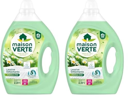 Maison Verte - Lessive Liquide - Parfum Fraîcheur d'Ete - Lessive Détachante - Spécial Peaux Sensibles - Efficace dès 20°C - 5 Enzymes Actives d'Origine Naturelle - Sans Conservateurs - 44 Lavages