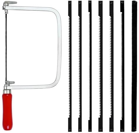 Set de Scie à Découper avec 7 Lames (14/18/24 Dents) et Arc de Scie pour Métal et Bois Rotatable à 360 Degrés Poignée en Bois Lames Triées Coupes Précises Scie Fine pour Travaux sur Bois