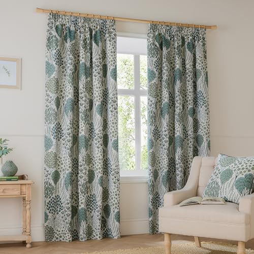 furn. Wylder Ophelia Room Darkening Pencil Pleat Curtain Pair – Bold Botanical Floral Jacquard Drapes (Thyme/Mineral - L 137 x W 168cm - 2 Pannels)