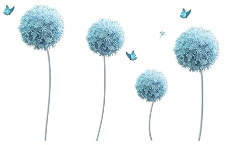 Adesivo murale con soffioni floreali azzurri e farfalle blu in stile minimal, perfetto per camera da letto o salotto – decorazione murale elegante e rilassante