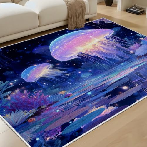 RRUxiia Quallen Meerestiere Teppich Kinderzimmer 150x180 cm Algen Unterwasserpflanzen Teppich Kurzflor rutschfest Waschbar Unterwasserwelt Carpet für Wohnzimmer, Schlafzimmer, Bettvorleger