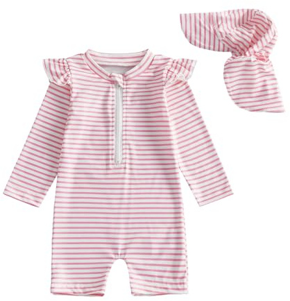 Carolilly Maillot de Bain Bébé Fille de 2 Pièces, Combinaison à Manches Longues à Rayures avec Chapeau à Large Bord, Protection Solaire