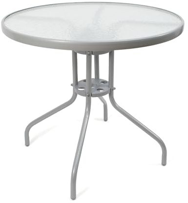 THE SECRET HOME - Mesa Redonda de Metal con Base de Cristal Texturizado - Alto. 70 cm x Diámetro. Ø60/Ø80 cm - Mesa para Jardín, Terraza, Patio o Balcón (Gris - Ø80 cm)