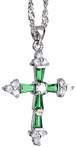 Rizilia Kruzifix Kreuz Anhänger mit 45cm(18) Kette & Trapezschliff Edelstein Zirkonia CZ [Grün Smaragd] in 18K Weißgold Vergoldet, Einfache Moderne Eleganz