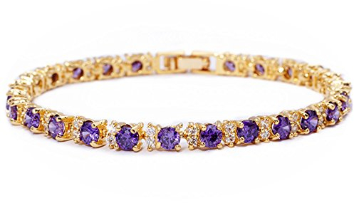 RIZILIA Eternity Tennis Bracelet [18cm/7inch] with Round Cut Gemstones CZ [Purple Amethyst] in 18K Yellow Gold Plated, Simple Modern Elegance
