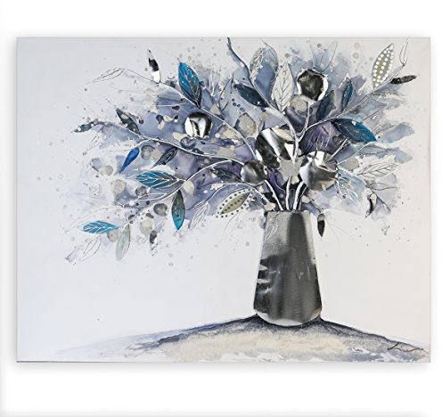 Casablanca - Bild Vase of Flowers Leinwand auf Keilrahmen weiß/Nachtblau/grau/silberfarben mit Aluminium-Applikationen Blumenmotiv