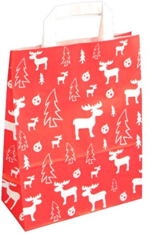Pro DP 250 Papiertragetaschen Weihnachtstüten Geschenktüten Weihnachten Elch weiß auf rot 3 Verschiedene Größen (18+8x22cm)