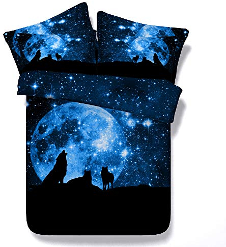 Sticker superb Wild Wolf Kopf Tier Bettbezug Set, 3D Polygonal Geometrie Wolf Bettwäsche Set, Modern Schlafzimmer Dekor Baumwolle Bettwäsche (Blau Galaxy Wolf, 135_x_200_cm)
