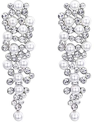 Clearine Damen Ohrringe Hochzeit Party Braut Simulierte Perle Kristall Kronleuchter Baumeln Cluster Ohrhänger Ohrstecker Klar Weiß-Silber-Ton