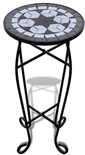 Tidyard Mosaiktisch Mosaik Beistelltisch Bistrotisch Balkontisch mit Eisenrahmen, Rund,30 x 60 cm (? x H), Wei?-Schwarz