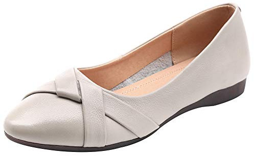 rismart Women's Leather Ballet Pumps Slip on Low Wedge Comfortable Work Shoes SN02549(Beige,6.5 UK)