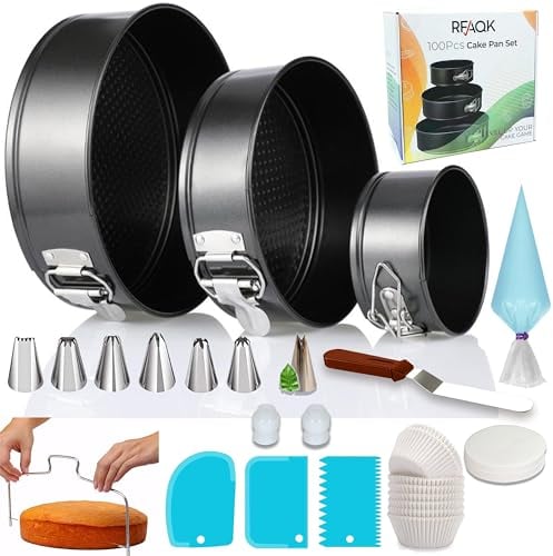 RFAQK 100PCs springform backform rund mit 3 kuchenform rund Antihaft (10,18,24 cm tortenform)-spritzbeutel mit tüllen-Tortenschneider-auslaufsicher springform set mit 30 pergamentpapier-tortenspachtel