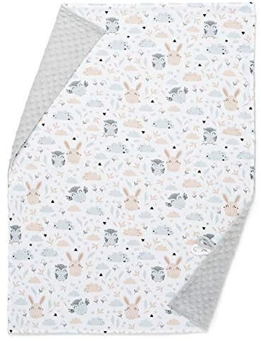 EliMeli Minky BABYDECKE Kuscheldecke Kinderwagedecke Krabbeldecke aus super weichem Minky Stoff und Baumwolle für den Sommer und Frühling Ideal als Geschenk (Grau - Eule und Hase)