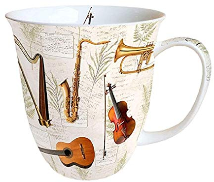 Ambiente Fine China Mug 0,4 Liter Music Musik Instrumente Geige Gitarre Harfe Saxophon Trompete Frühling Sommer Weiß Creme Gold Braun Schwarz