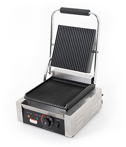 Ristoattrezzature Piastra Panini Professionale Rigata/Rigata, Struttura in Acciaio Inox - Singola Piastra in Ghisa - Alimentazione Elettrica, Voltaggio 230V, Potenza 1.8 kW