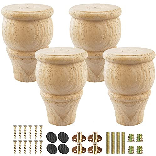 TCHOSUZ 10cm / 4 Zoll Holz Möbelfüße, 4er Set Klassisch Spindel Unlackiert Massivholz Tischbeine Kugelfüße mit M8 Bolzen & & T-Muttern DIY Ersatz für Sofa Bett Schrank Ottomane