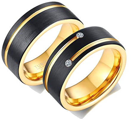 ANAZOZ 2 Stück Eheringe Paarpreis Wolfram 8mm Gebürstet Breit mit Zirkonia Damen Partnerringe Bandringe Herren Ring Breit Schwarz Gold Trauringe Kästchen Frau:54 (17.2) & Mann:67 (21.3)