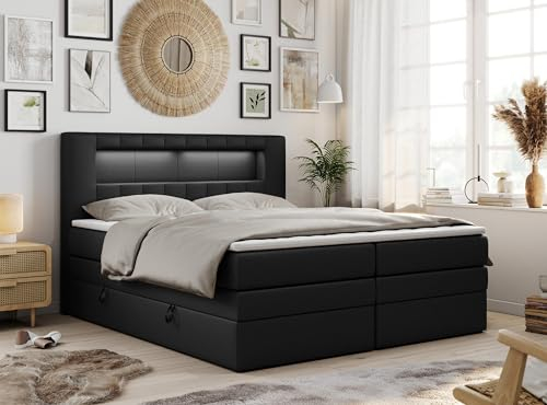 MKS MEBLE Boxspringbett 180x200 mit Led Kunstleder Schwarz, Polsterbett 180x200 mit LED Kopfteil, Multipocket Matratze H3, Doppelbett mit Bettkasten Stauraumbett - GOLD-5-KING - Kunstleder Schwarz