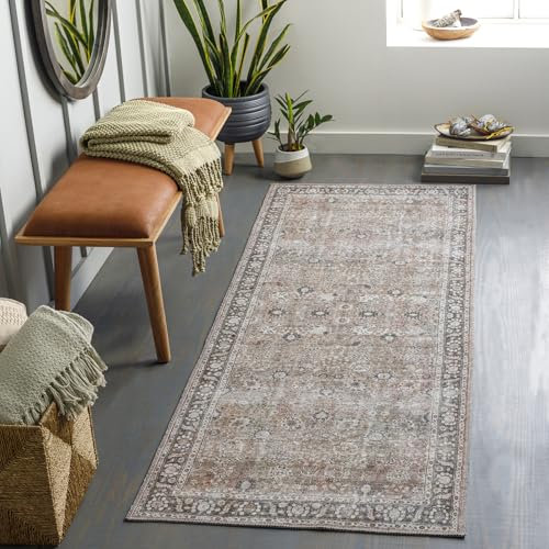 Livabliss Terjit Machine Washable Rug - Vintage Runner Rugs Living Room, 80x220 cm - Traditional Boho Rug Style, Dining Room, Kitchen, Outdoor, Hallway - Brown, Charcoal, Black Rug