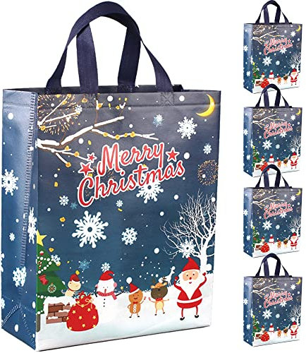 DOJoykey Weihnachts-Tragetaschen, Geschenktüten für Weihnachten, 5 blaue Weihnachts-Tragetaschen mit Griff, Vliesstofftaschen in großer Größe für Weihnachtseinkäufe, Party-Dekoration