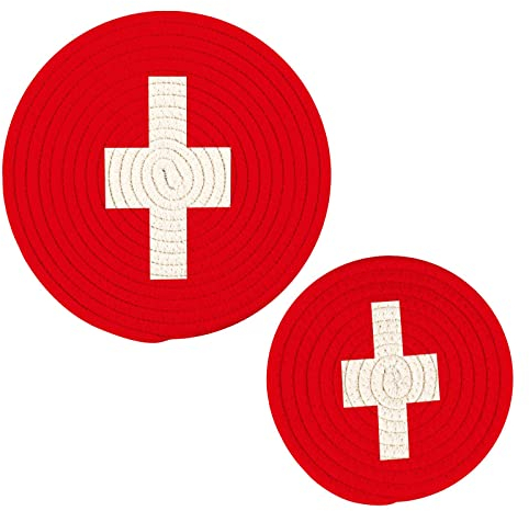 Küchen-Topflappen-Set, 2 Stück, Schweiz-Flagge, Vektor-Grafik, rechteckig, Schweizer Baumwollfaden, Untersetzer-Set, stilvolle Untersetzer für heiße Gerichte, Töpfe, Schüssel, Kaffee, heiße Topflappen