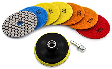 KURSTOL Diamant Polierscheibe Set Trocken - 4″/100mm 7st Polierpads Körnung 50x2/100x2/200x2/400, 1st M14-Gewinde Aluminium-Stützteller, 1st Adapter für Granit Marmor Kunststein Quarz