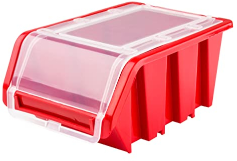 SimpleThing 50 Stück Stapelboxen mit Deckel Größe 100 x 155 x 70 mm Farbe Rot | Werkstatt Wandregal Sortierbox Stapelkiste