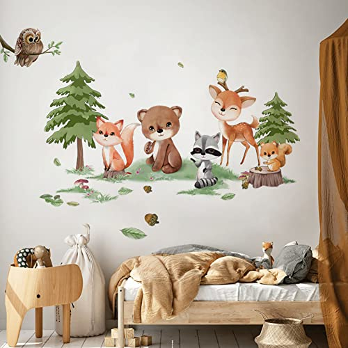 Runtoo Wandtattoo Waldtiere Wandsticker Bär Hirsch Baum Dschungel Wandaufkleber Kinderzimmer Babyzimmer