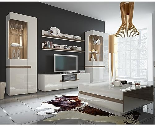 Lomadox Moderne Anbauwand mit Couchtisch und Beleuchtung in weiß Hochglanz und Trüffel Eiche Nb.